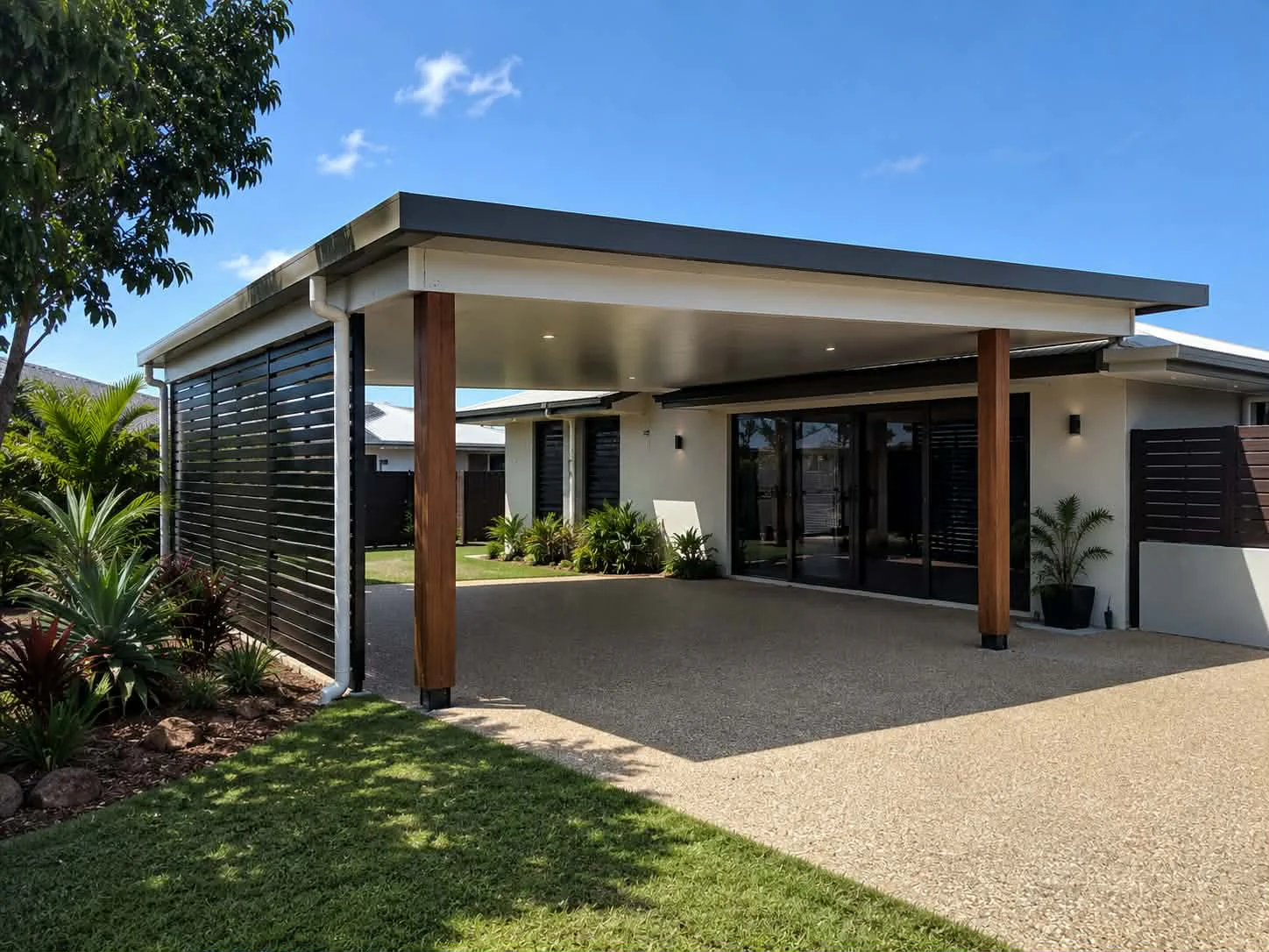 Drive-through carport with timber-look posts and side privacy screening