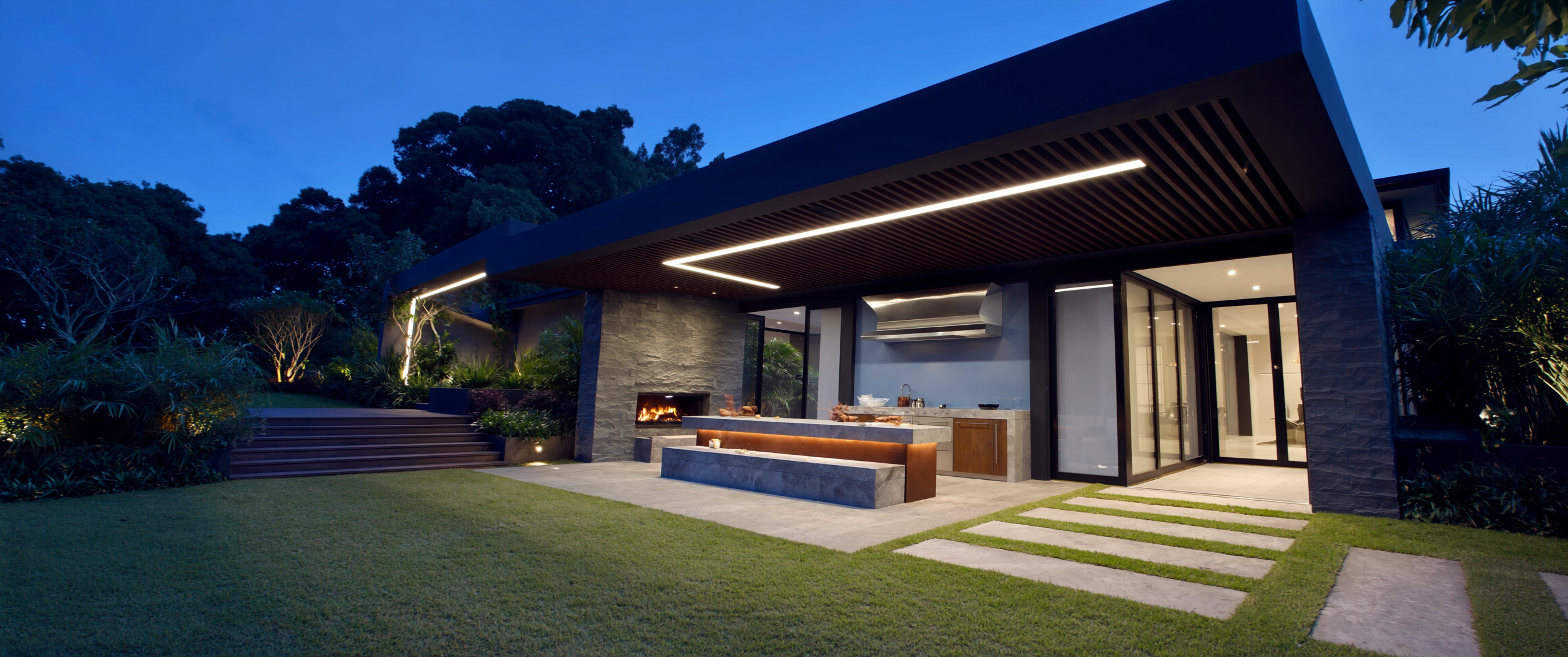AI-generated architectural concept of an illuminated louvred outdoor room at dusk
